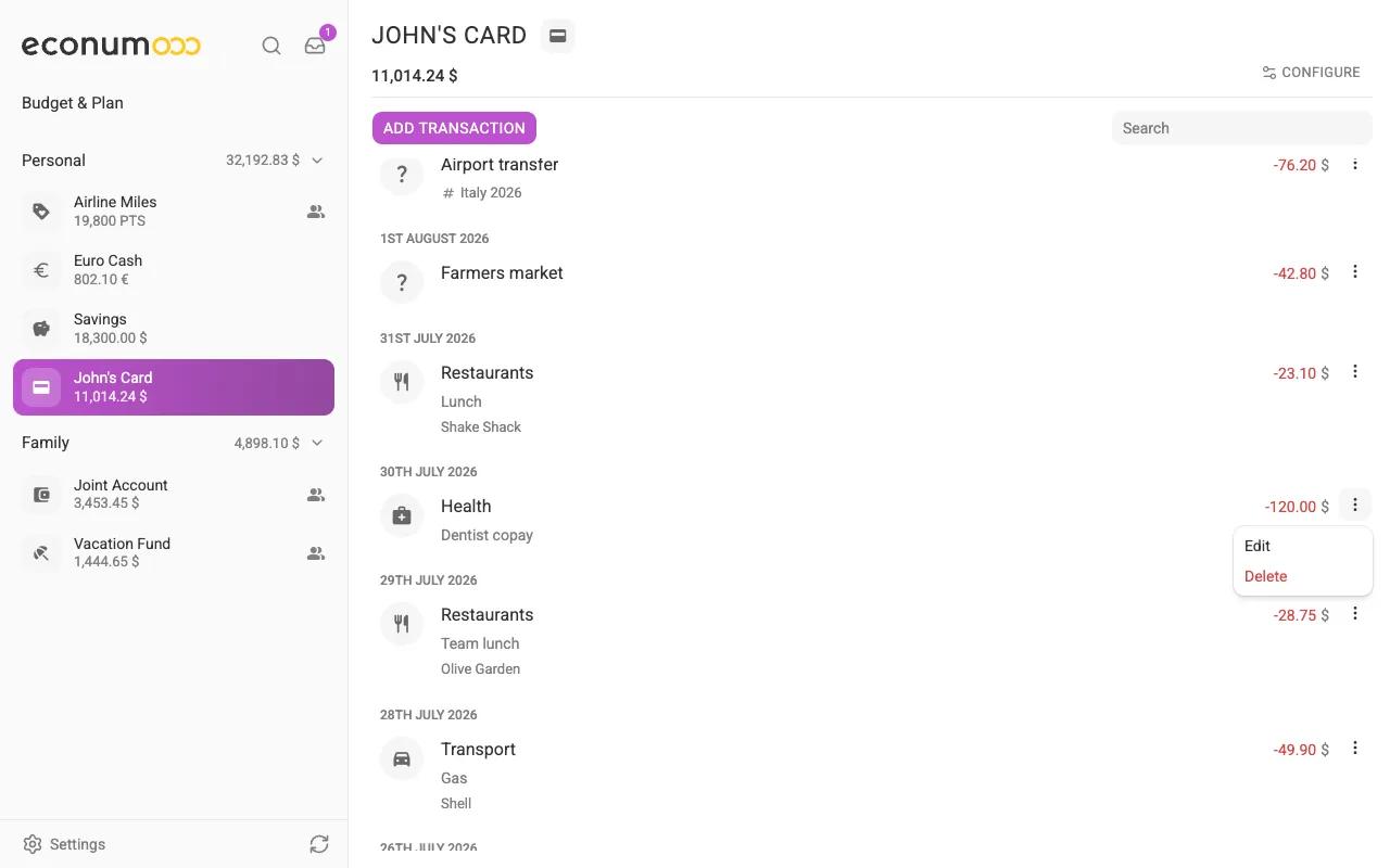 The transaction menu (desktop)
