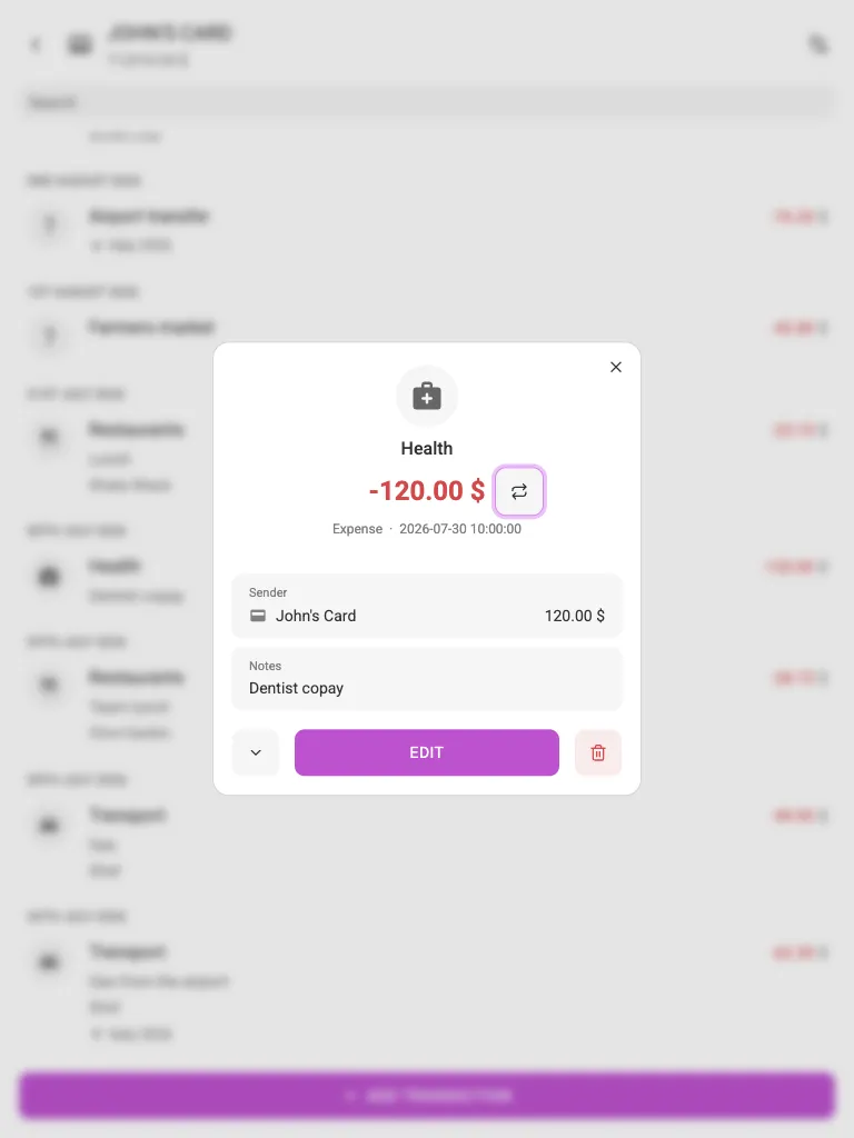 The transaction menu (tablet)