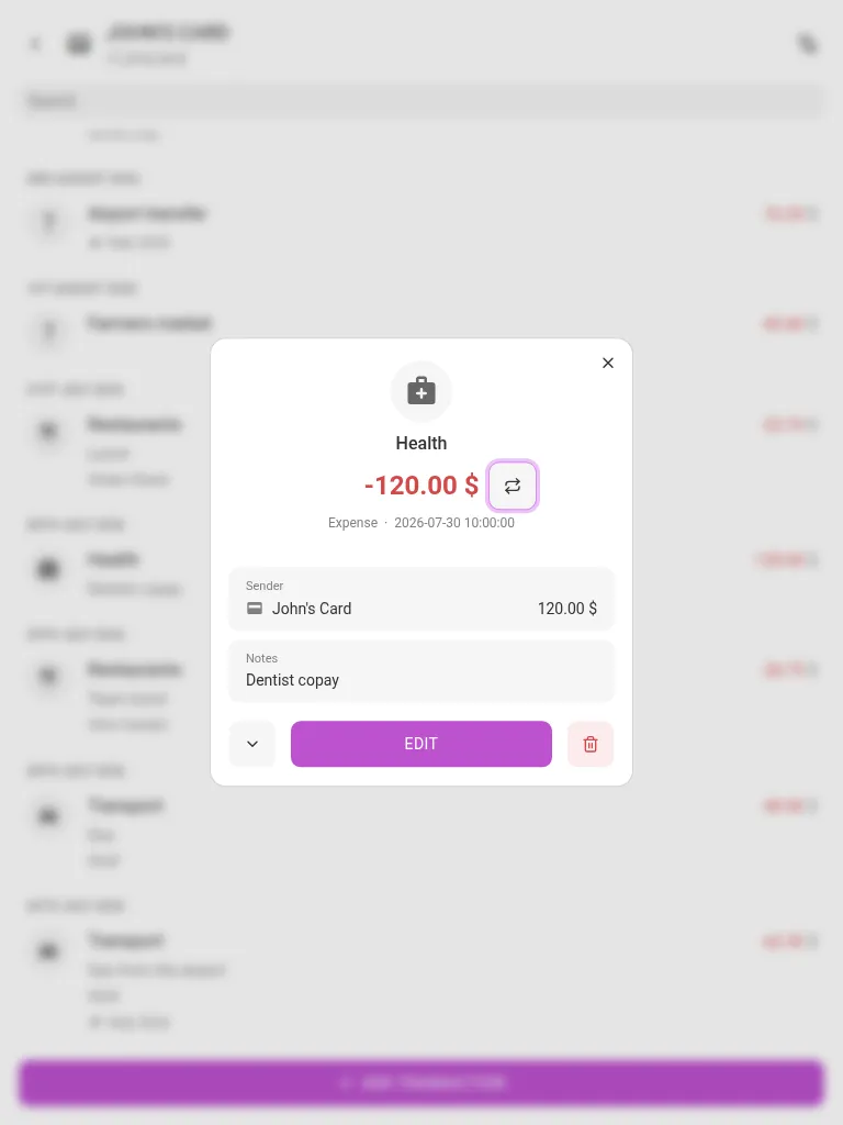 The transaction menu (tablet)