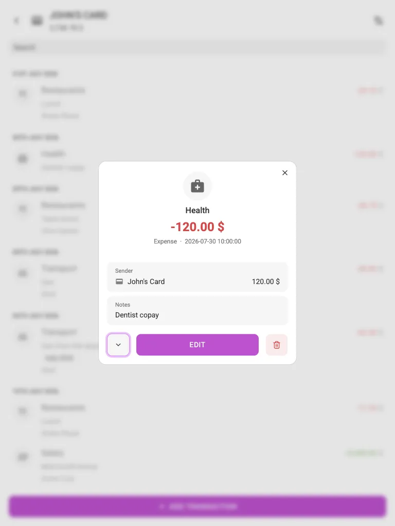 The transaction menu (tablet)