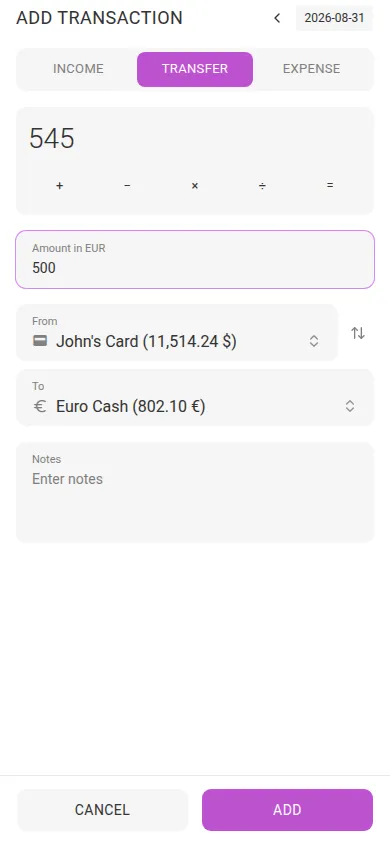 A cross-currency transfer with two amounts (mobile)
