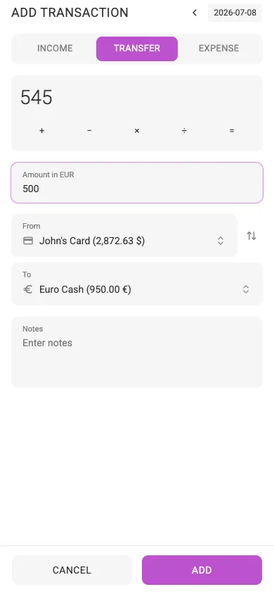 A cross-currency transfer with two amounts (mobile)
