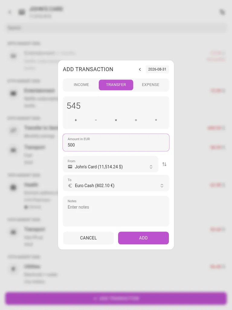 A cross-currency transfer with two amounts (tablet)