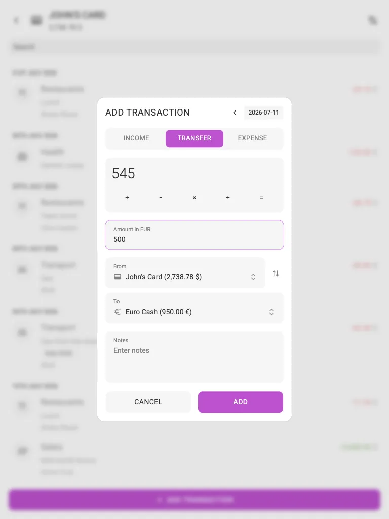 A cross-currency transfer with two amounts (tablet)