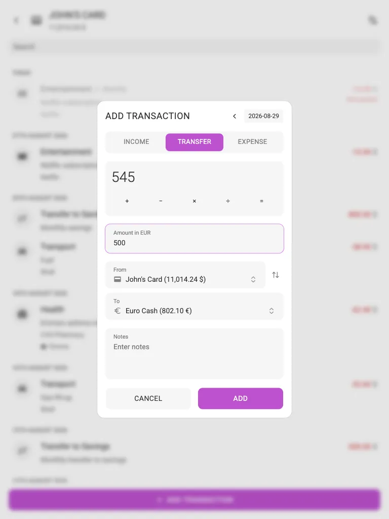 A cross-currency transfer with two amounts (tablet)