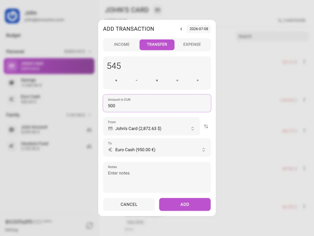 A cross-currency transfer with two amounts (tablet)