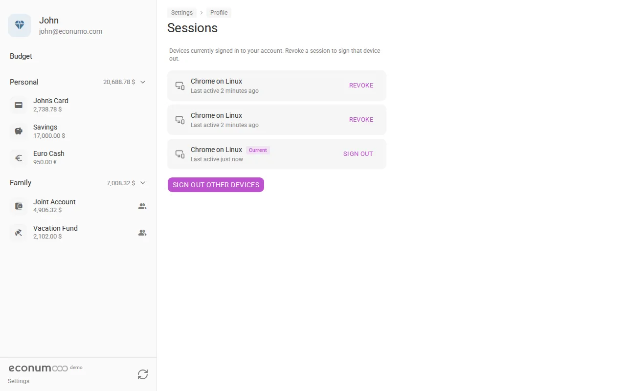 The Sessions screen (desktop)