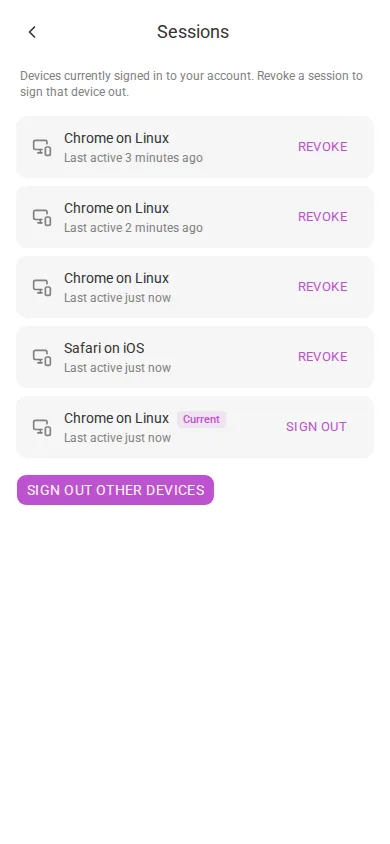 The Sessions screen (mobile)