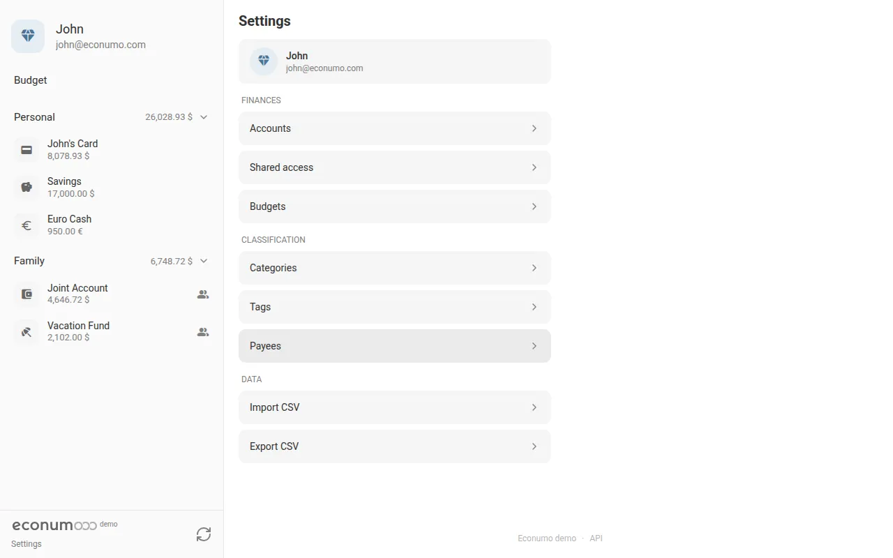 The version and API link in the settings footer (desktop)