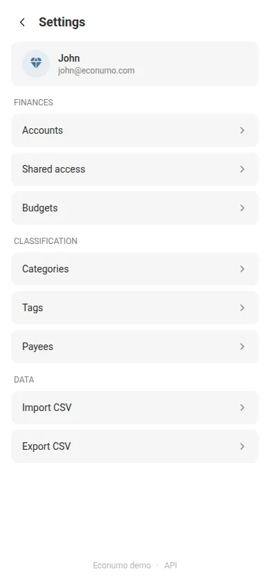 The version and API link in the settings footer (mobile)