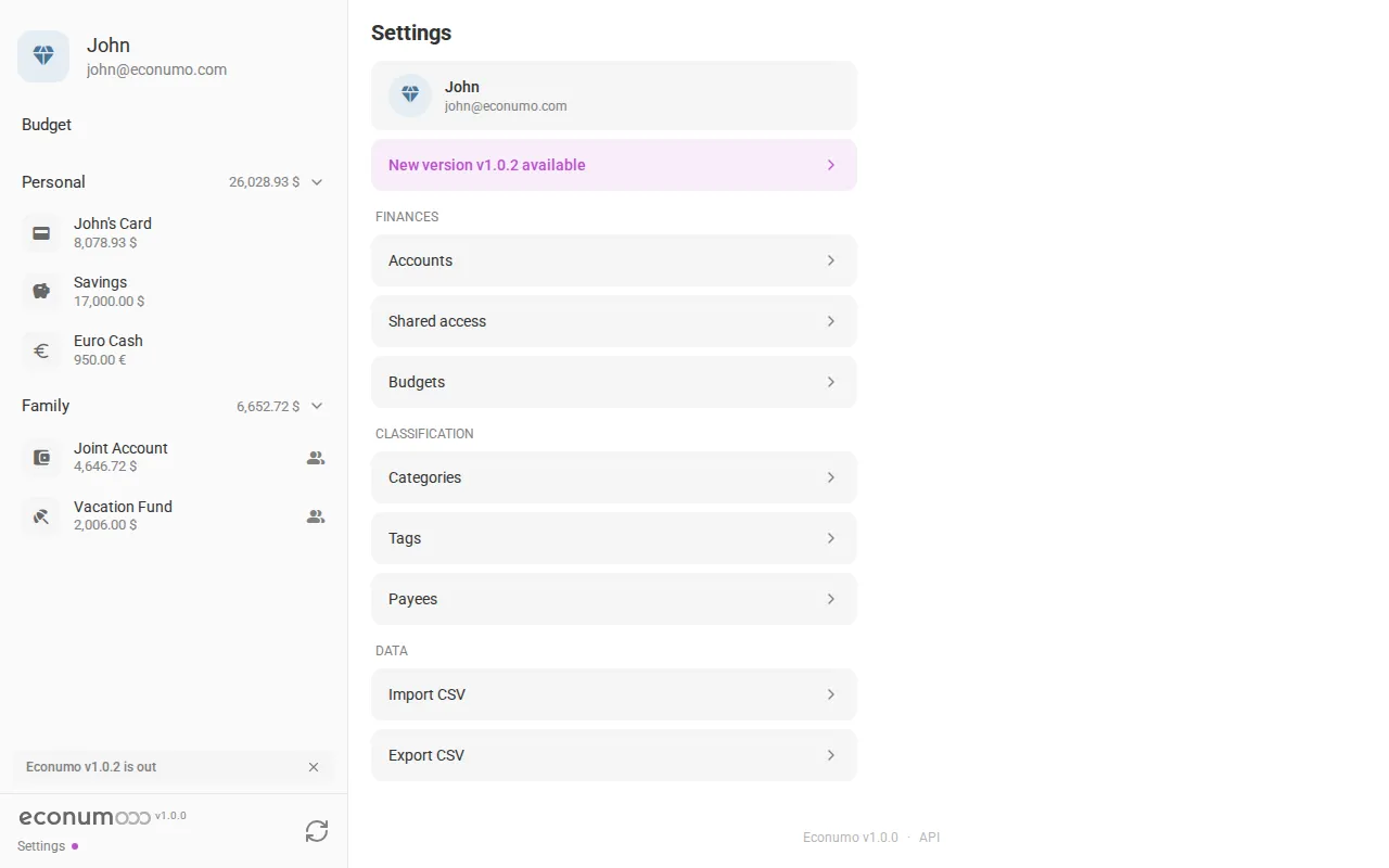 The new-version banner and sidebar notice in Settings (desktop)