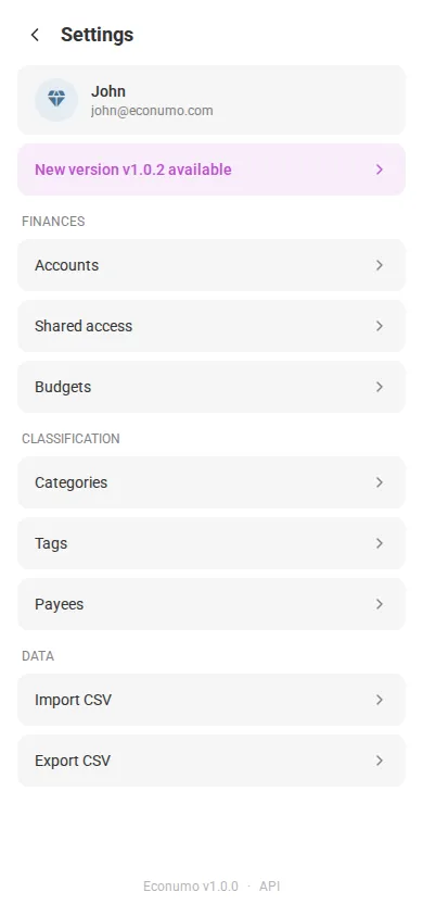 The new-version banner and sidebar notice in Settings (mobile)