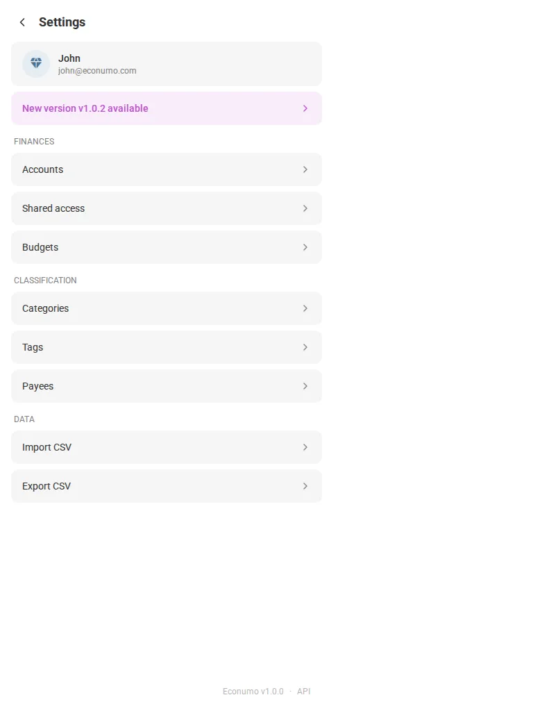 The new-version banner and sidebar notice in Settings (tablet)