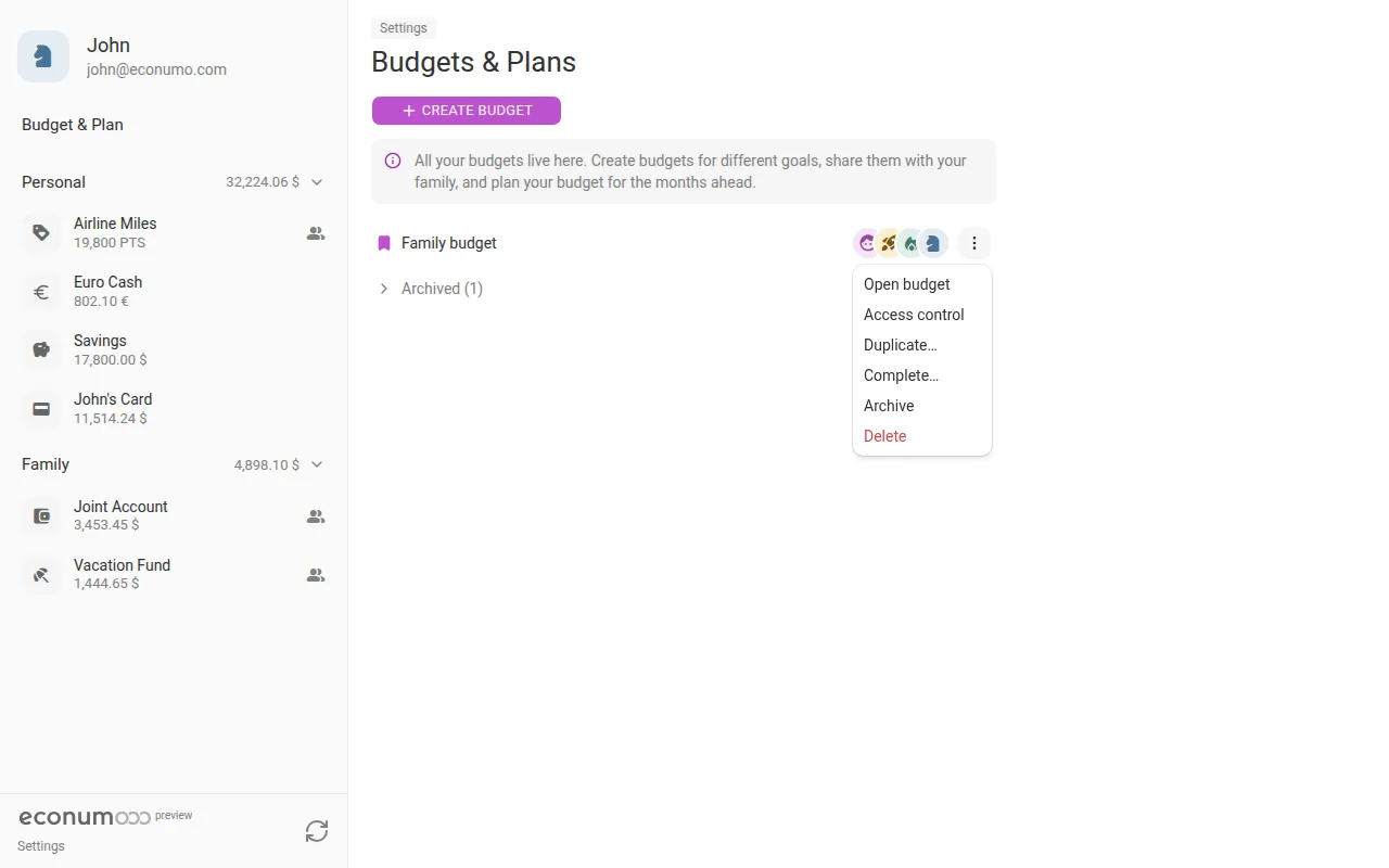The budget menu with Duplicate, Complete and Archive, and the collapsed Archived group (desktop)