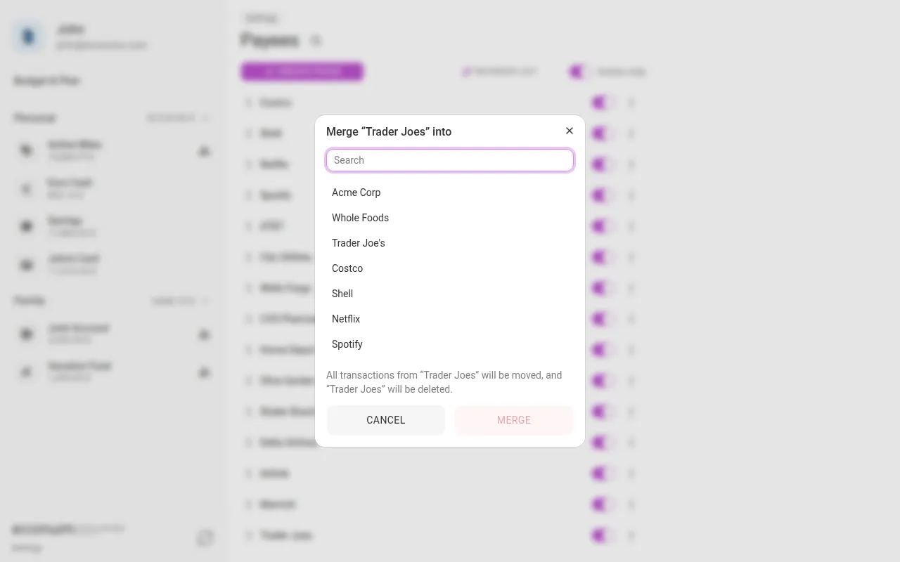 Merging a duplicate payee into the correctly spelled one (desktop)