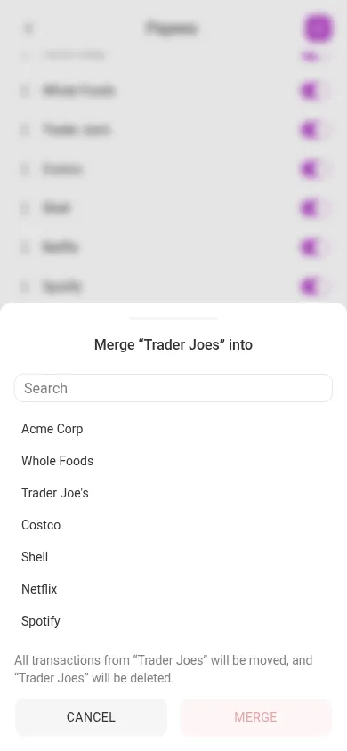 The merge dialog as a bottom sheet on a phone