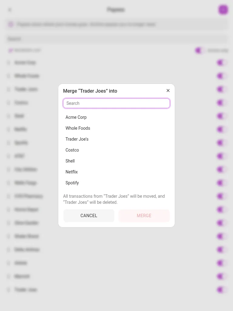 The merge dialog on a tablet