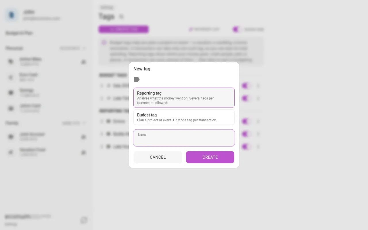 The New tag dialog, choosing between a reporting tag and a budget tag (desktop)