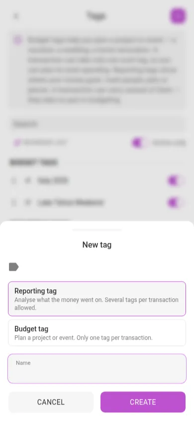 The New tag dialog on a phone