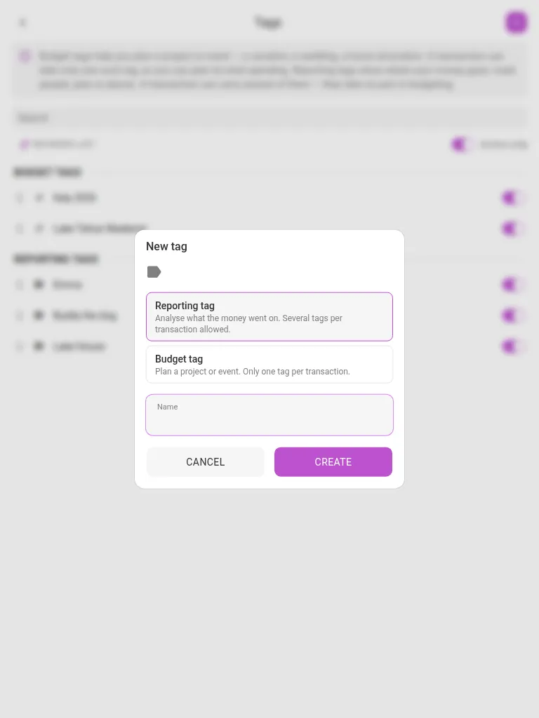 The New tag dialog on a tablet