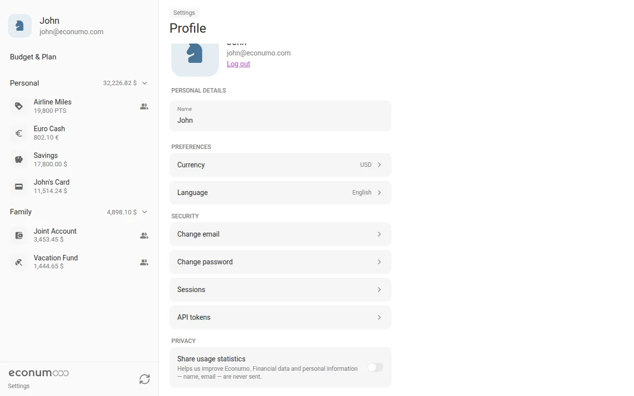 The Privacy section in Settings → Profile, with the Share usage statistics switch (desktop)
