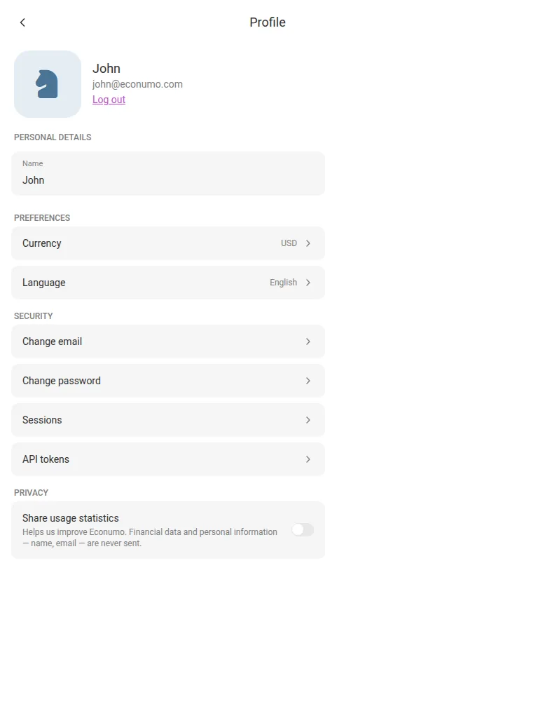 The Privacy section on a tablet