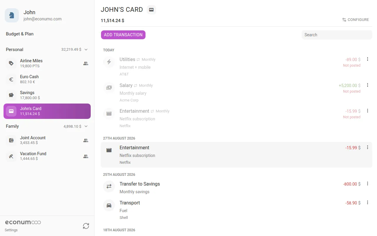 John's Card account page: the Today group leads with three pinned, dimmed recurring rows marked "Not posted" — Internet + mobile, Monthly salary, and Netflix subscription — ahead of real transactions dated 27th August and earlier (desktop)