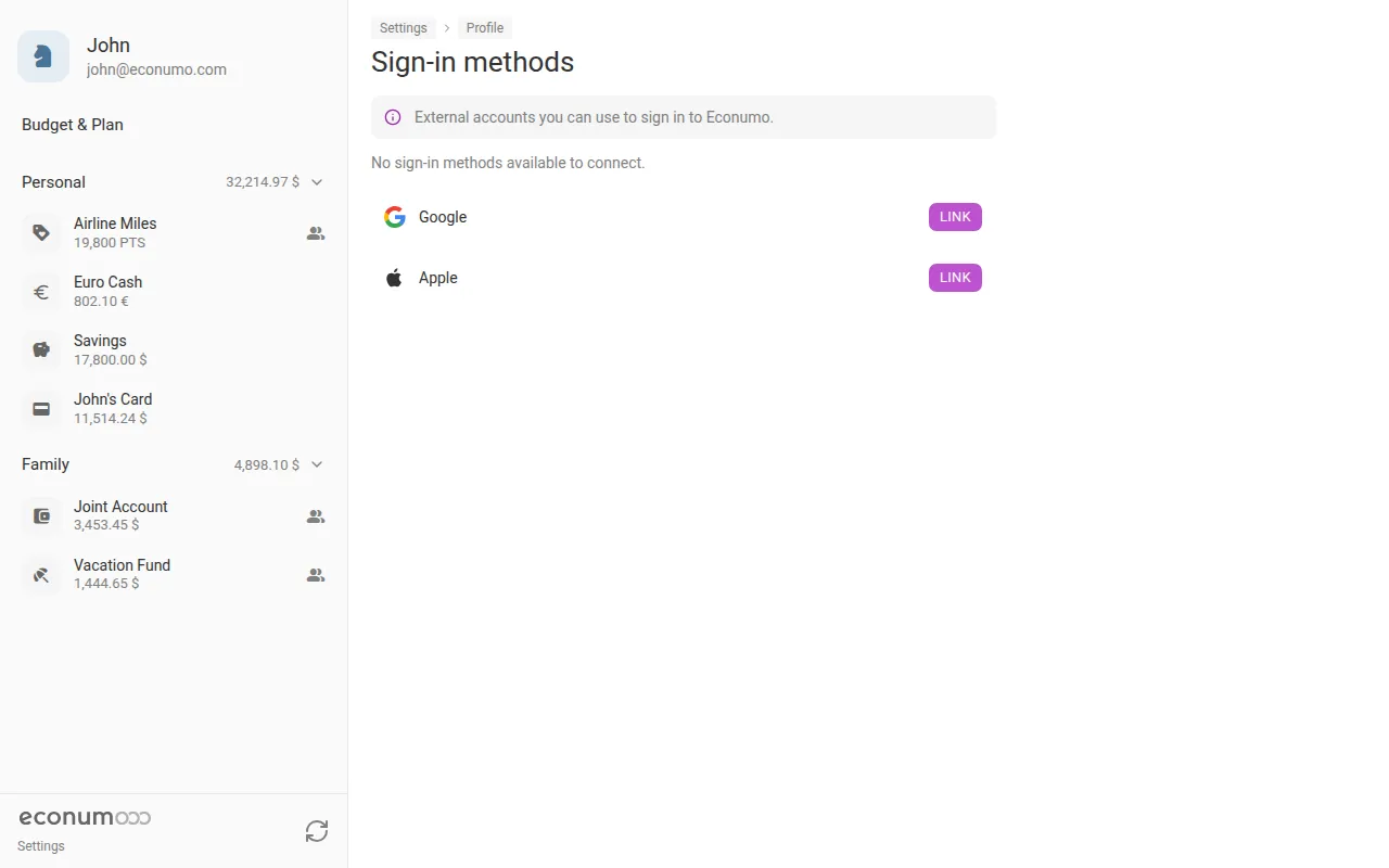 The Sign-in methods page listing Google and Apple, each with a Link button (desktop)