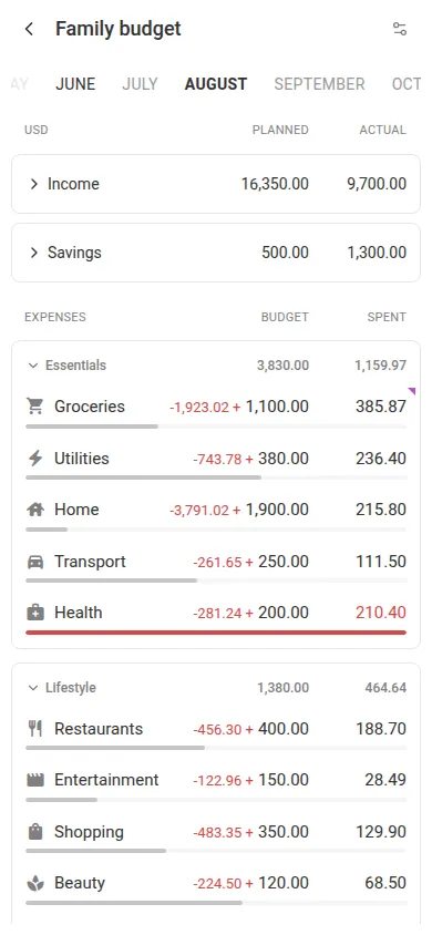 The single-month budget on a phone, with a thin progress bar under each expense row