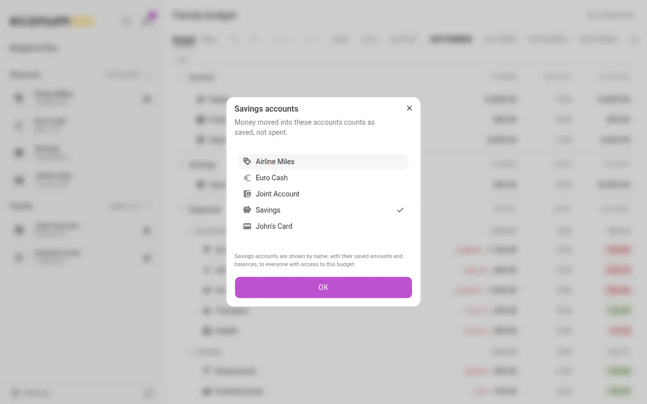 The Savings accounts picker listing the budget's accounts, with Savings ticked (desktop)