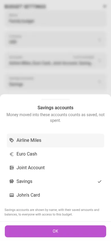 The Savings accounts picker as a bottom sheet on a phone