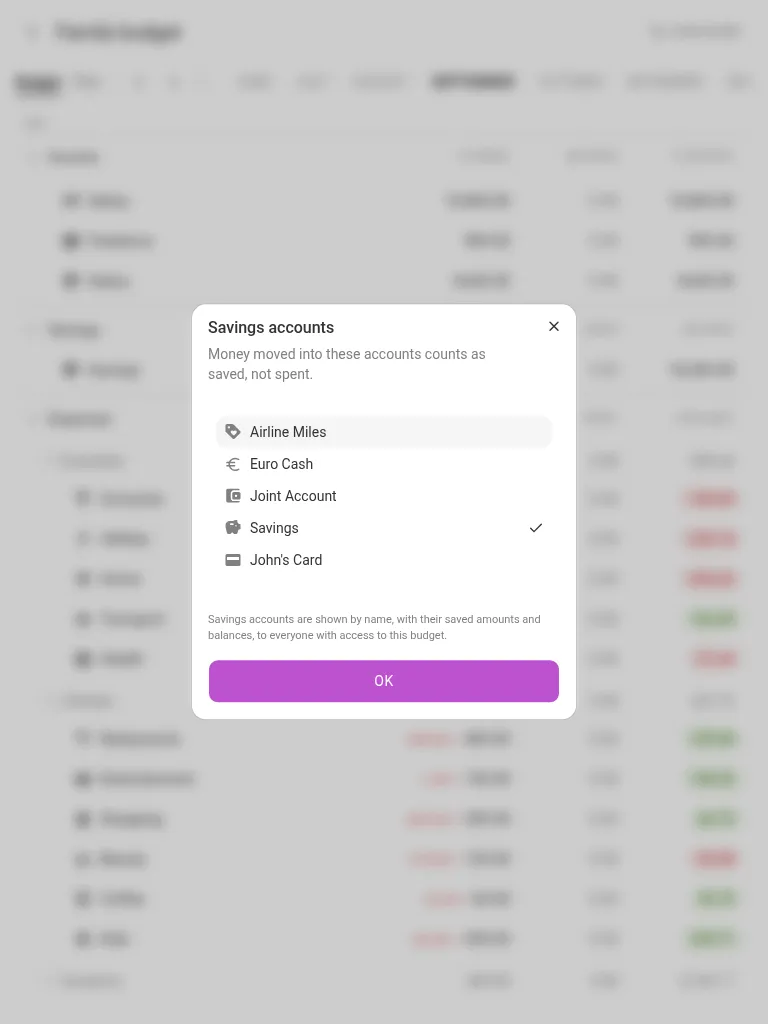 The Savings accounts picker on a tablet