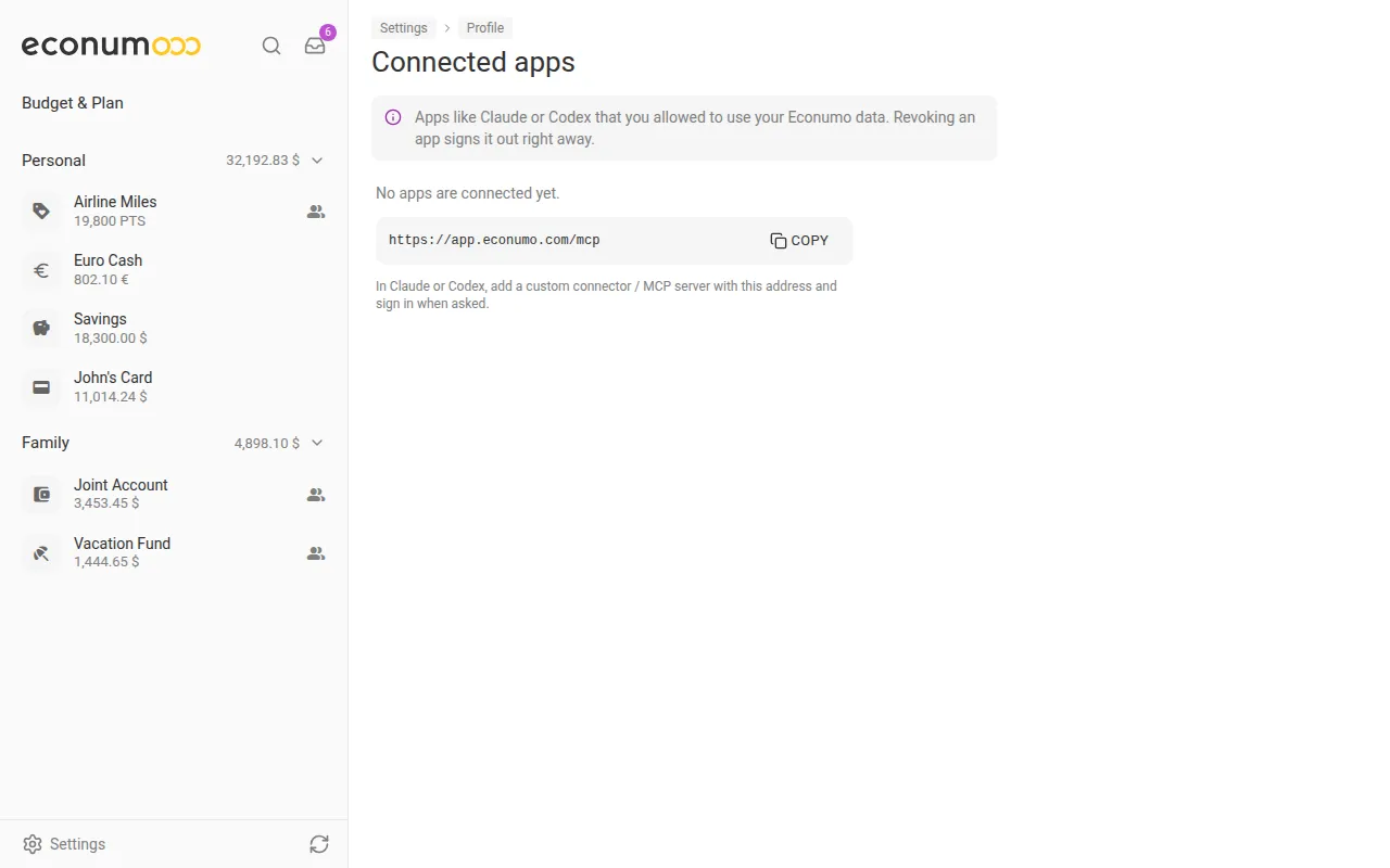 The Connected apps page with the instance's MCP address and a Copy button (desktop)