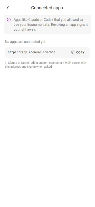The Connected apps page on a phone
