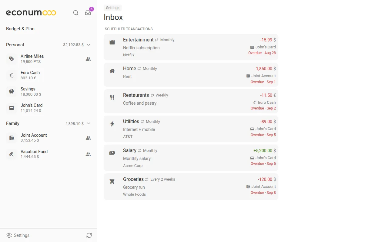 The Inbox listing six overdue scheduled transactions, from a Netflix subscription to a grocery run (desktop)