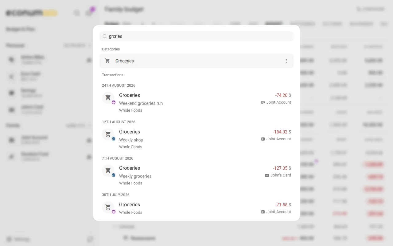The search dialog with the misspelt query "grcries" finding the Groceries category and its transactions (desktop)