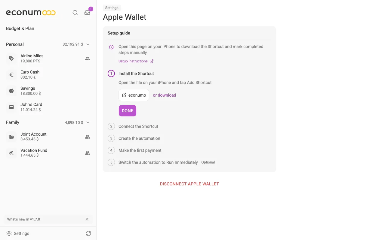 The Apple Wallet page with its five-step setup guide, starting at Install the Shortcut (desktop)