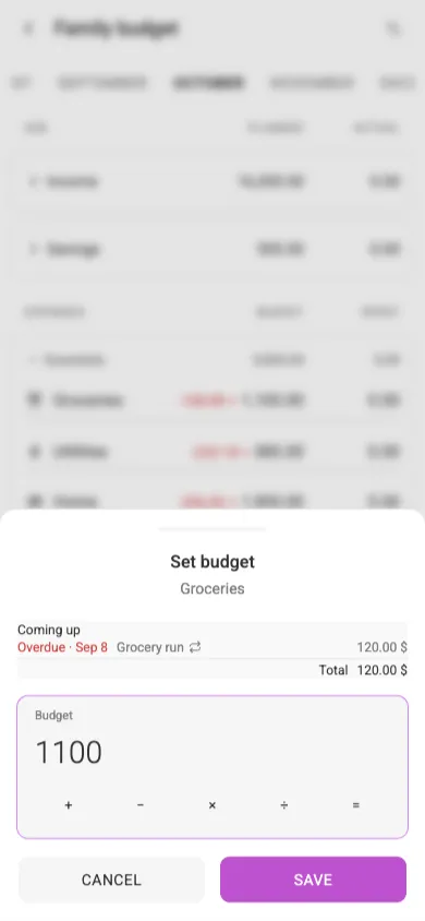 The Set budget sheet with its Coming up list on a phone