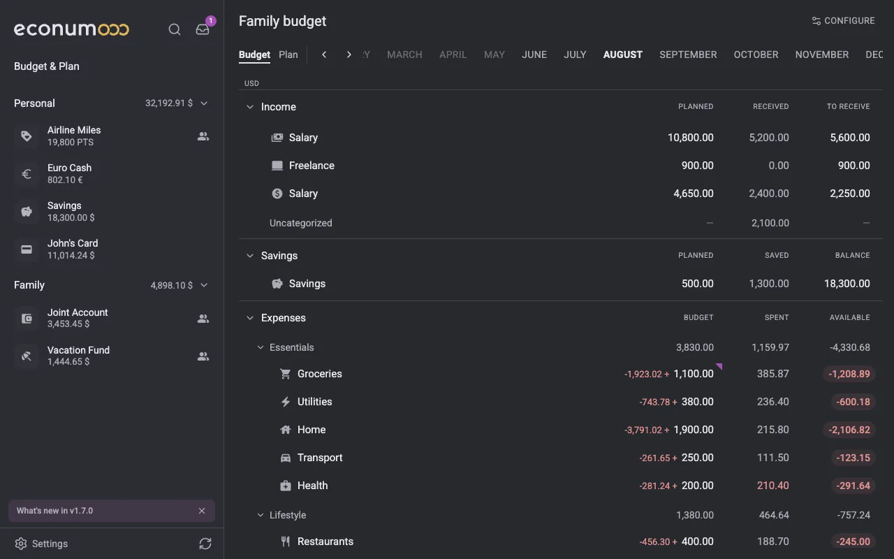 The Family budget for August in dark mode (desktop)