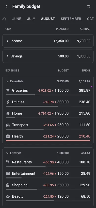 The single-month budget in dark mode on a phone
