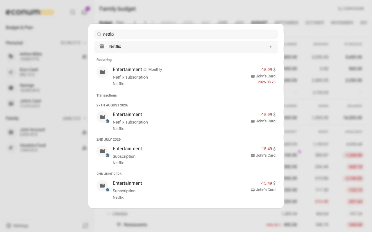 Search for netflix: the Netflix payee, a Recurring group with the monthly Netflix subscription of -15.99, and past Netflix transactions (desktop)