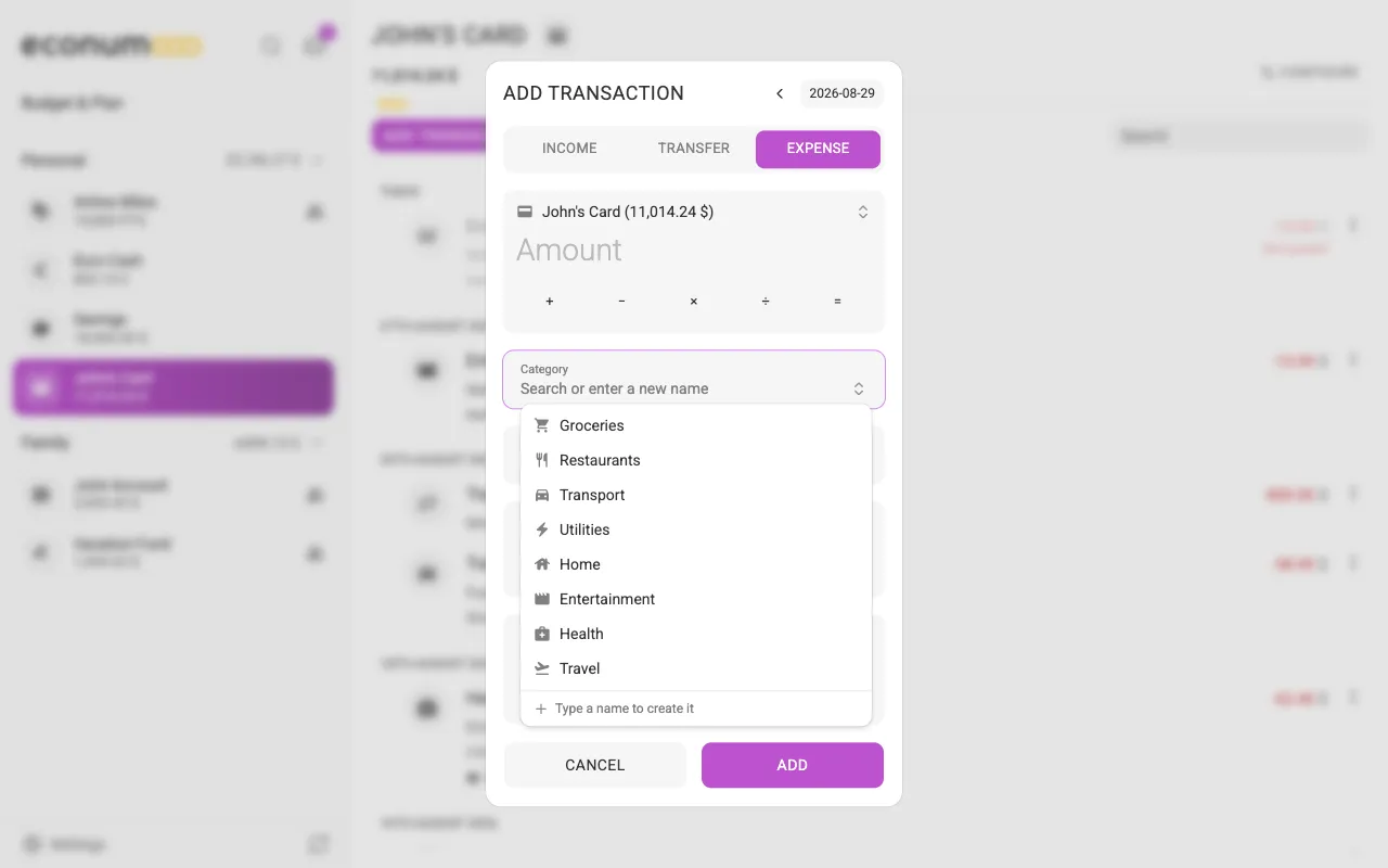 The Category dropdown in the Add transaction dialog, listing Groceries, Restaurants, Transport and more (desktop)