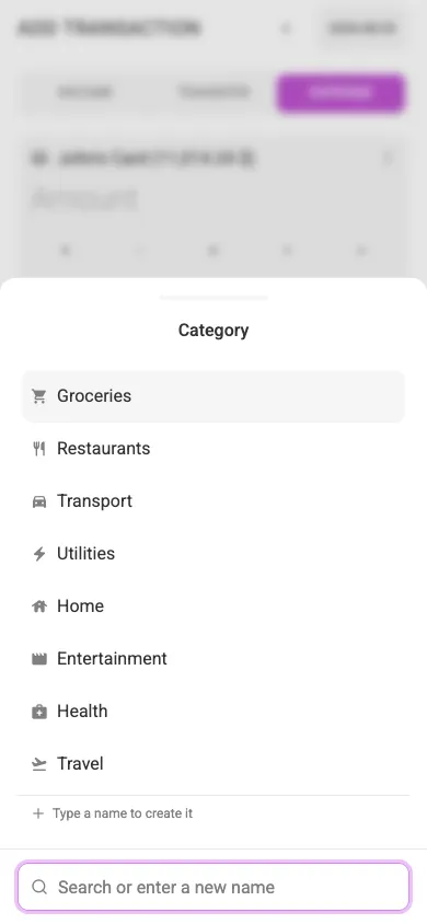 The Category sheet on a phone, with the category list above a search field at the bottom