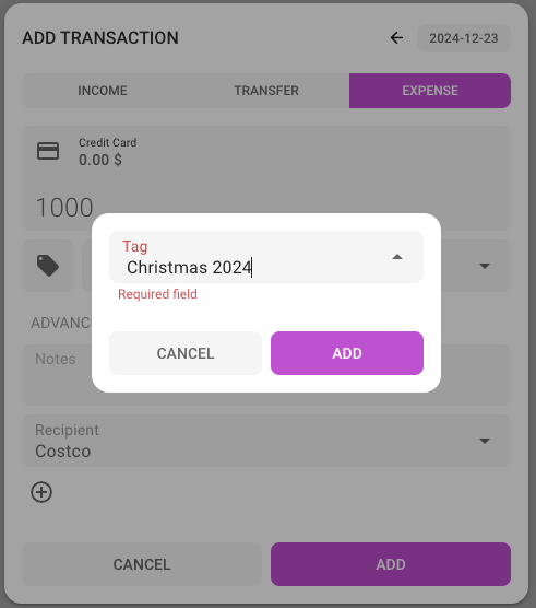 Adding expenses - tag